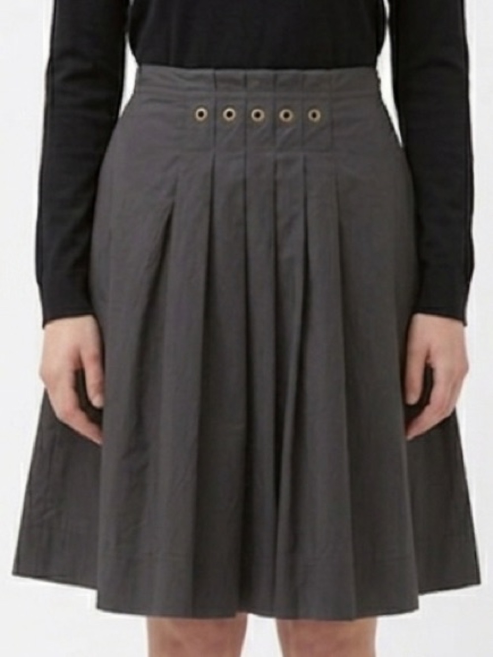 Philippe Adec Black A-Line Pleated Skirt with Metal Circle Detail at Waist 6